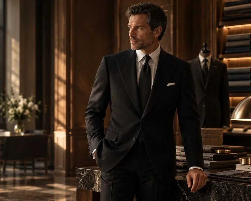 A man in a dark suit in the tailoring salon