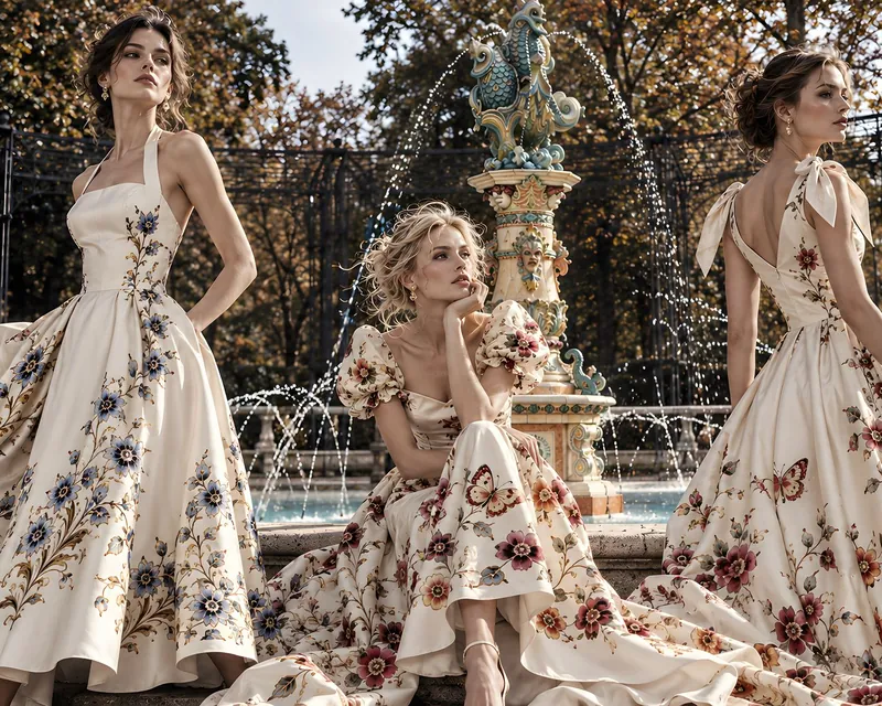 Three models in Zsolnay pattern silk dresses in front of a fountain in an autumn park