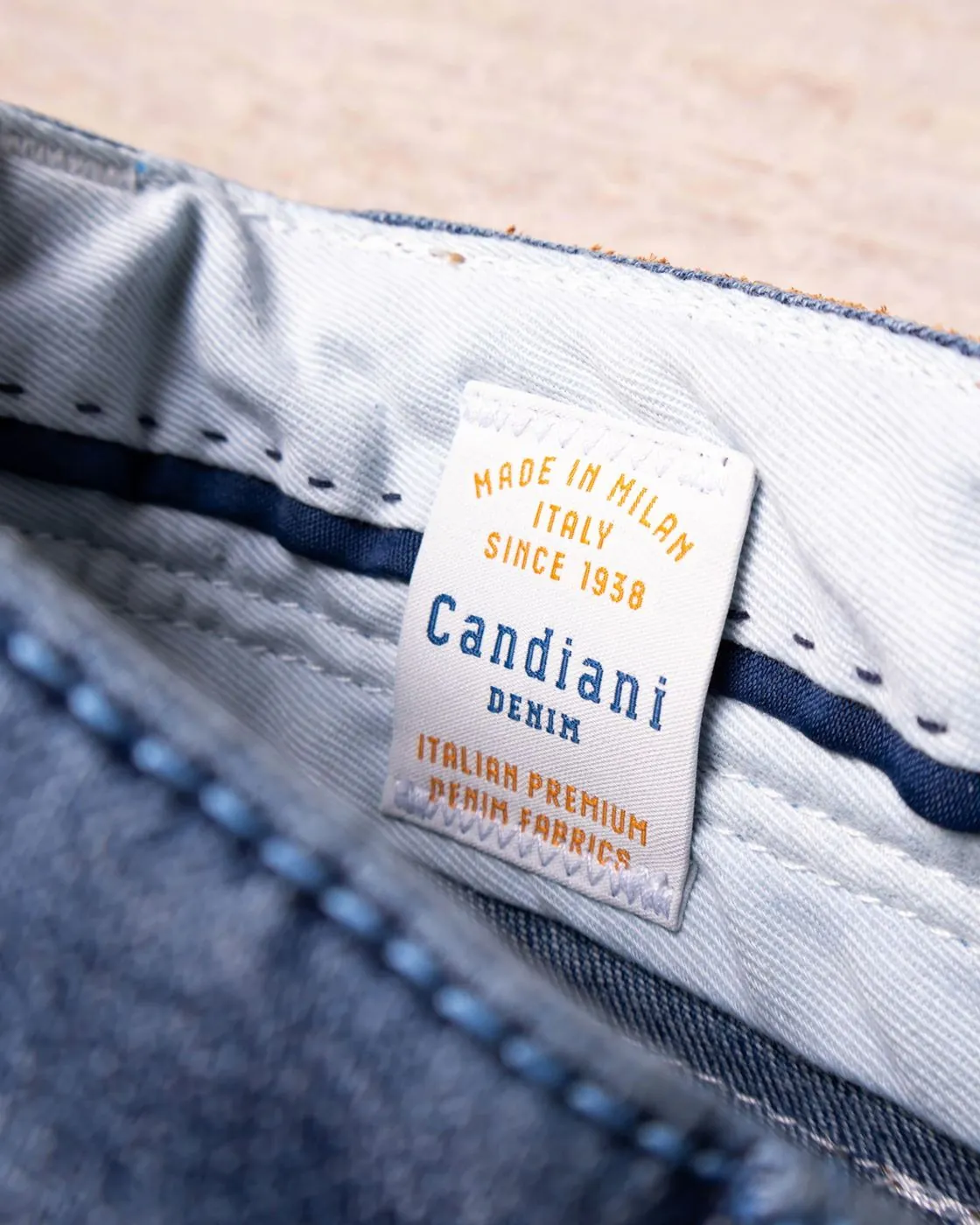 Candiani Denim címke egy farmer belsejében: Made in Milan, Italy, since 1938