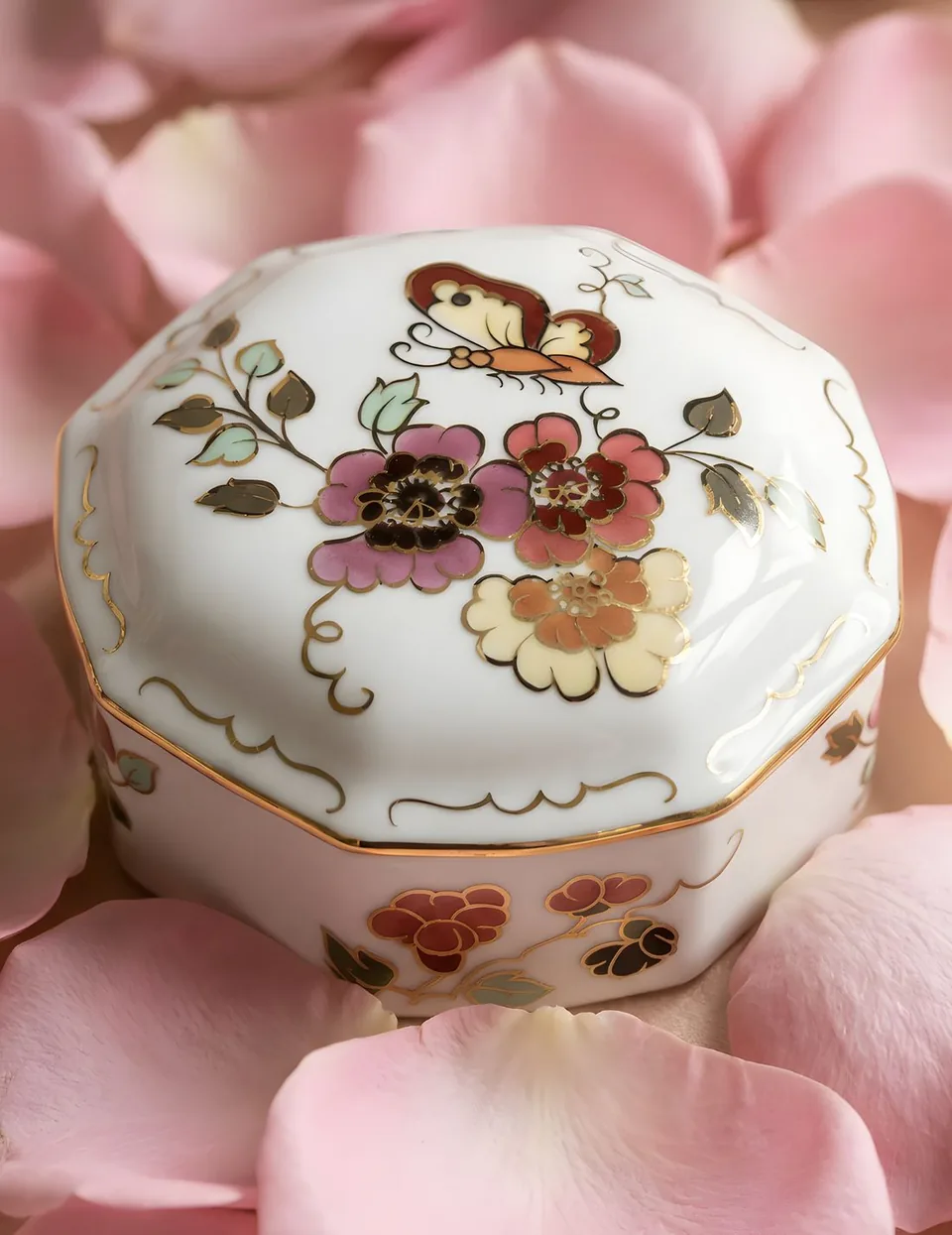 Kézzel festett Zsolnay porcelándoboz Pillangó mintával